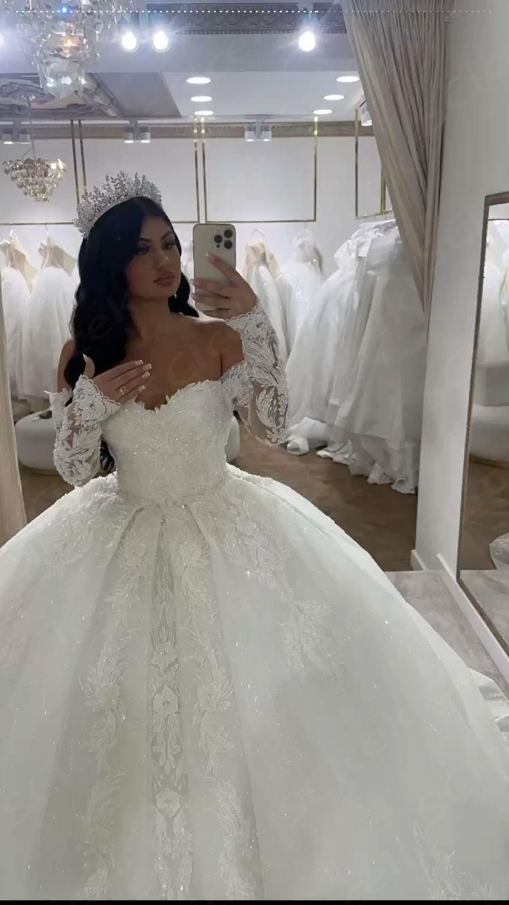 Luxury Tulle Lace A-Line Wedding Dress Off-the-Shoulder Long Sleeves Bridal Gown - View 2 | FashionDia