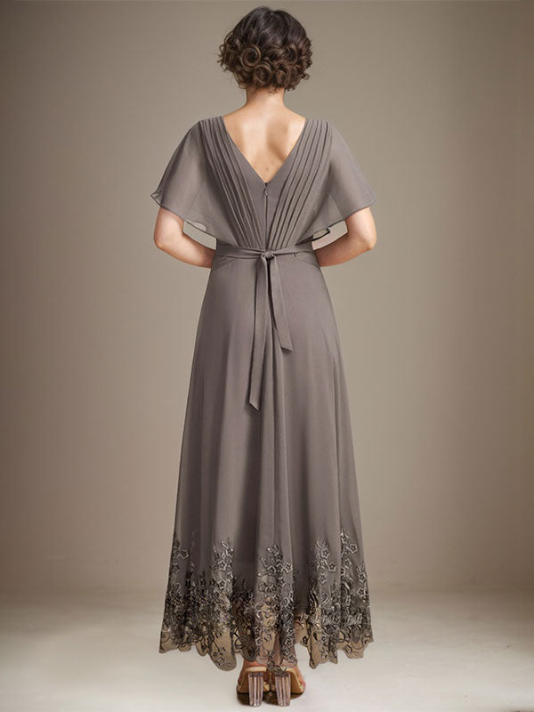 A-line V-Neck Asymmetrical Lace Chiffon Mother of the Bride Dress With Pleated - View 2 | FashionDia