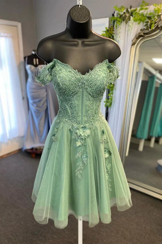 Off-the-Shoulder Sage Green Lace Prom Dresses, Short Sage Lace Homecoming Dresses, Sage Formal Evening Dresses - View 2 | FashionDia
