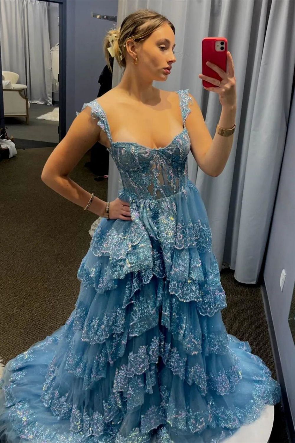 Princess A Line Sweetheart Blue Corset Prom Dress with Lace Ruffles - View 4 | FashionDia