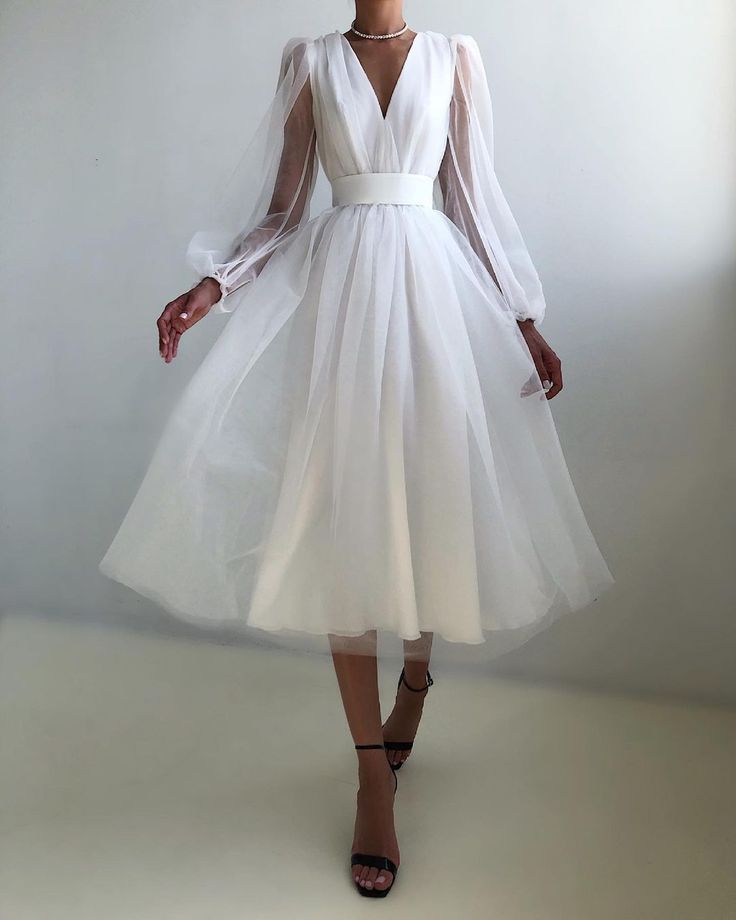 Graduation dress Short A-Line Prom Dresses V-Neck Long Puff Sleeve Tulle Formal Wedding Evening Party Dresses For Graduation - View 2 | FashionDia