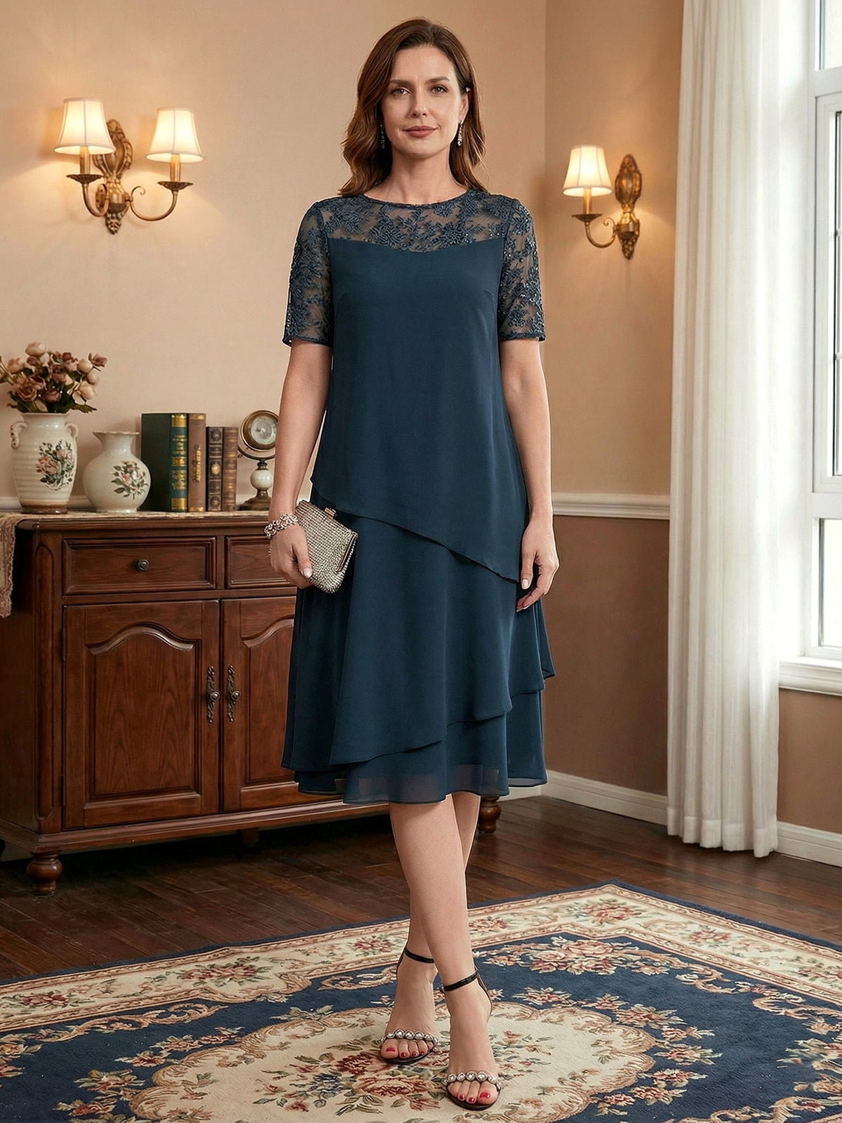 A-line Scoop Illusion Knee-Length Lace Chiffon Mother of the Bride Dress With Sequins - FashionDia