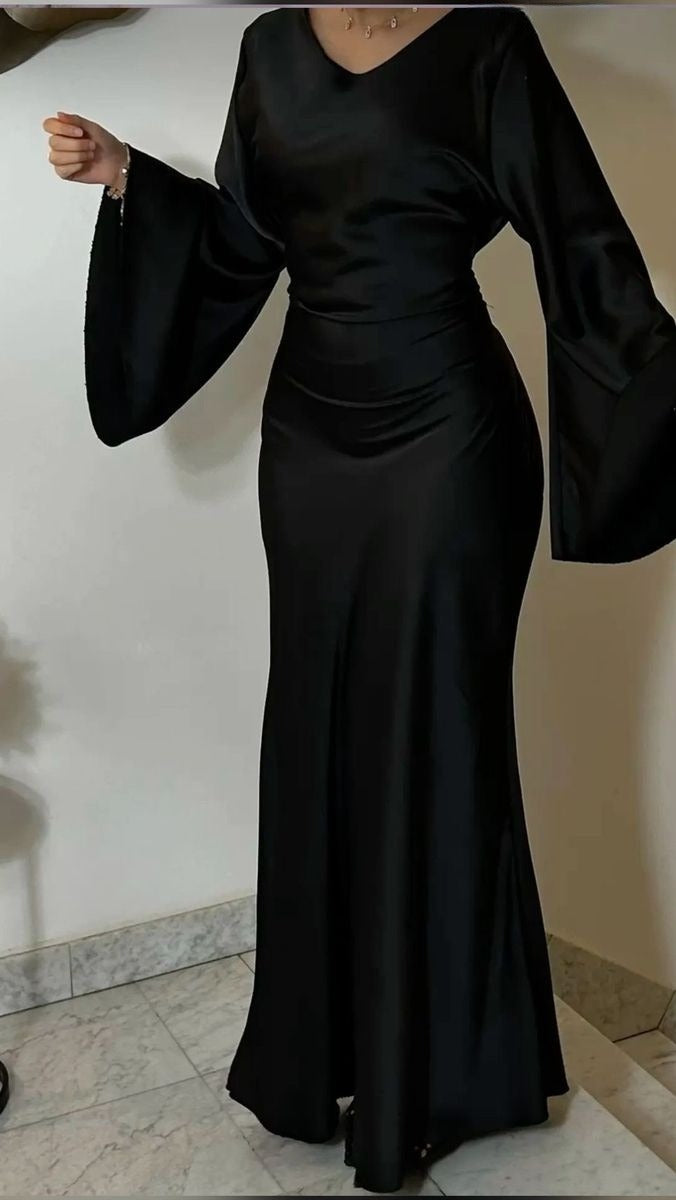 Vintage long satin black dress, elegant evening dress - View 2 | FashionDia
