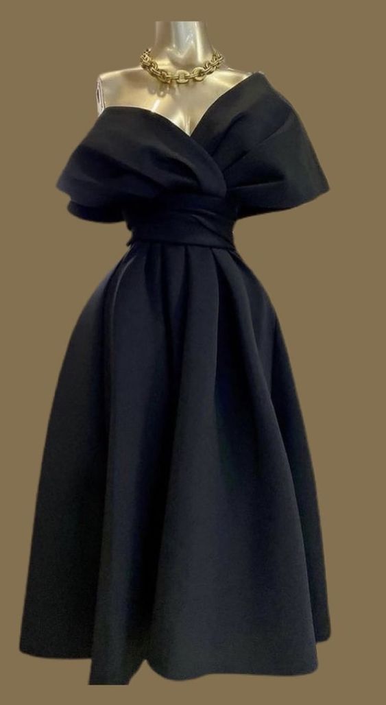 Gorgeous Cocktail Dress Satin Pleated Sexy V-Neck Off-the-Shoulder Princess Prom Dresses - FashionDia