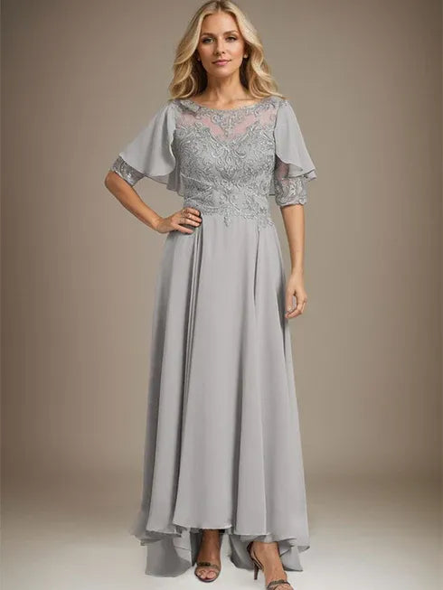 A-line Scoop Illusion Asymmetrical Chiffon Lace Mother of the Bride Dress With Beading - View 2 | FashionDia