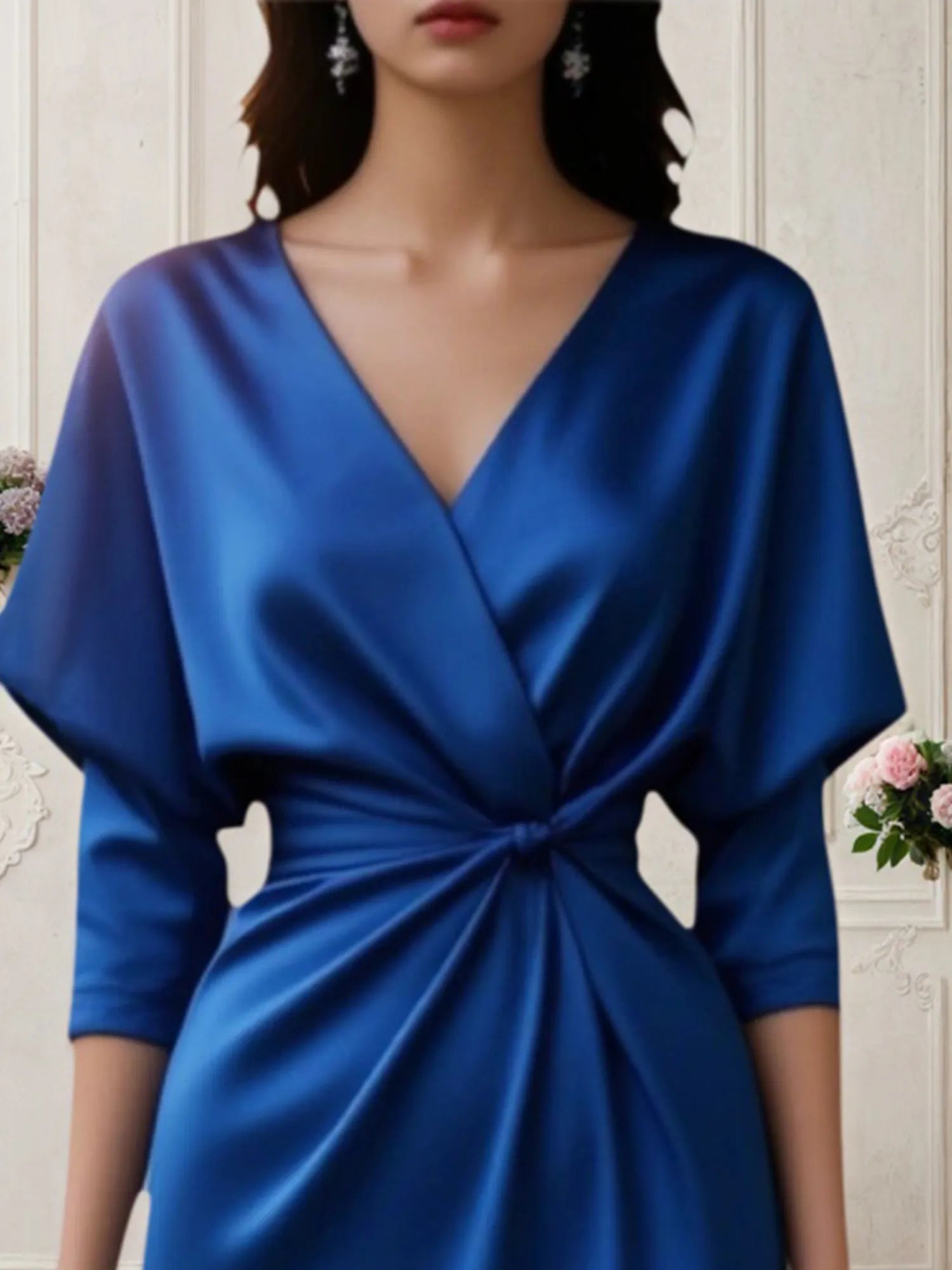 Fall Wedding Guest Dress Blue V Neck Midi Half Sleeve Satin Dress