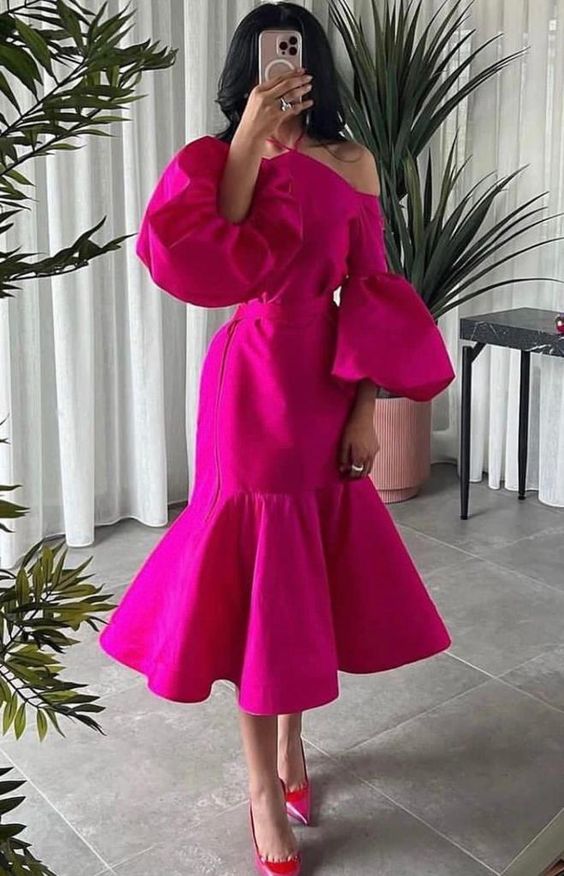 Hot Pink Halter Prom Belt Puff Sleeve Midi Party Dress Elegant Dubai Evening Dresses - FashionDia