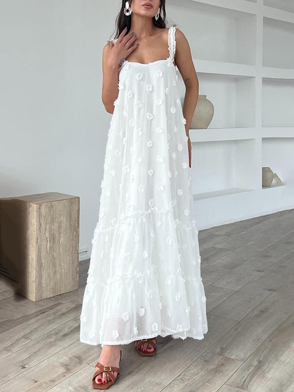 Pretty Flower Decor A - Line Layered Loose Maxi Dress