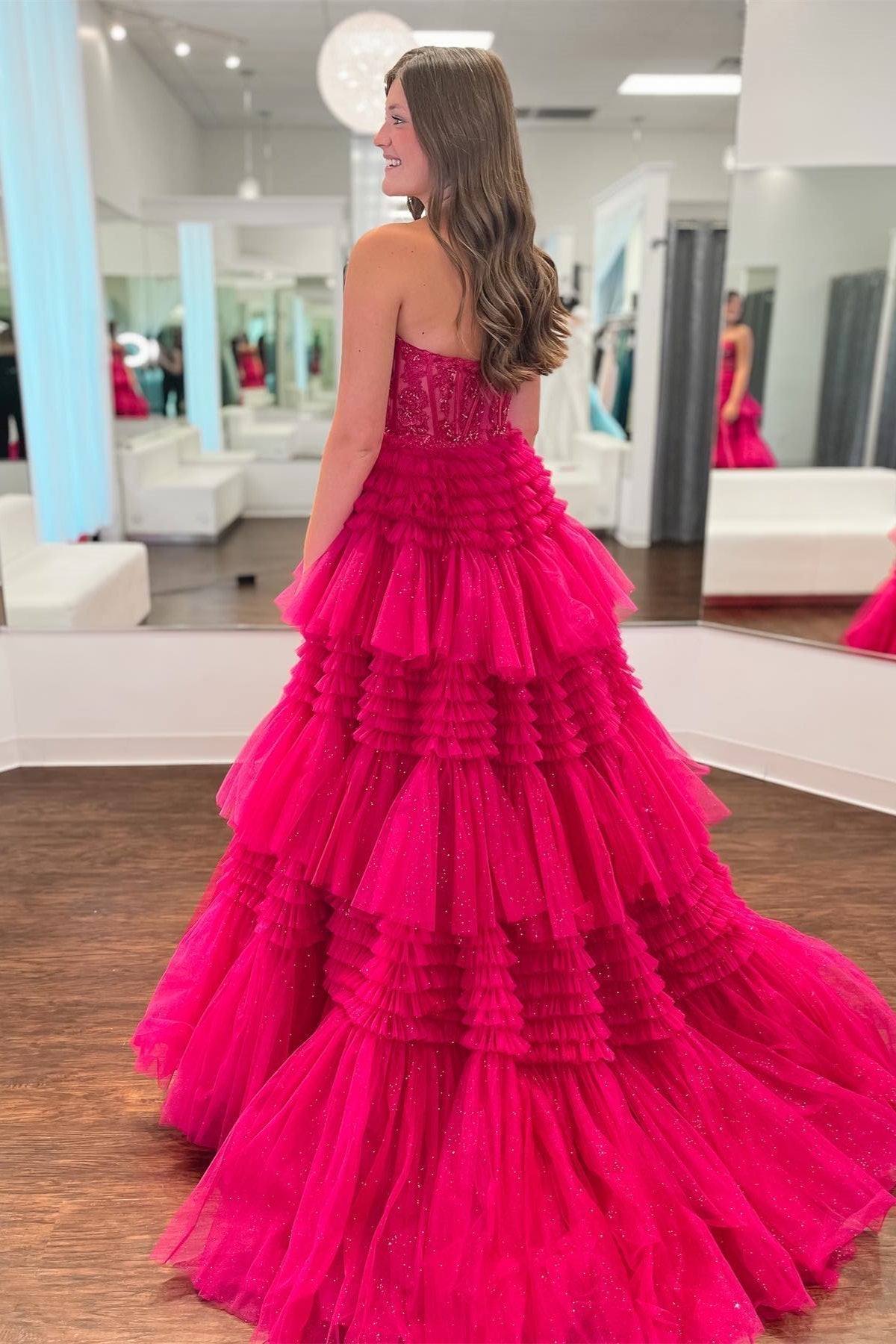 Fuchsia A-Line Sweetheart Tiered Tulle Prom Dress - View 3 | VelvetHem