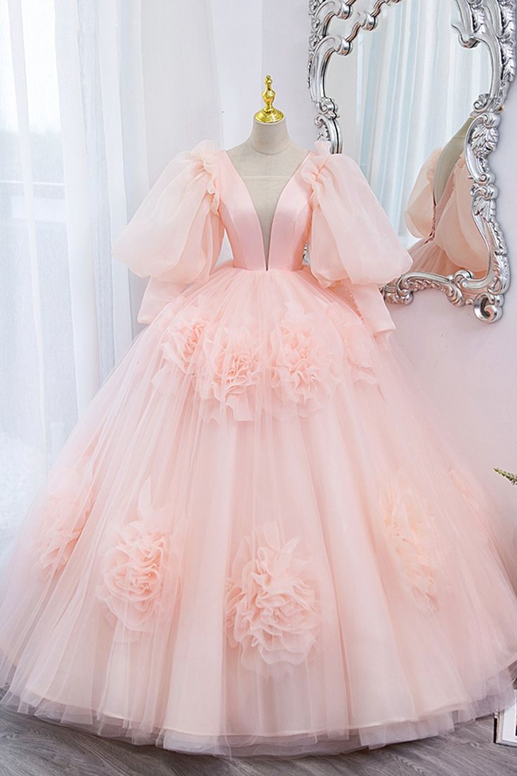 V-Neck Tulle Long Prom Dress, A-Line Puff Sleeve Princess Dress - FashionDia