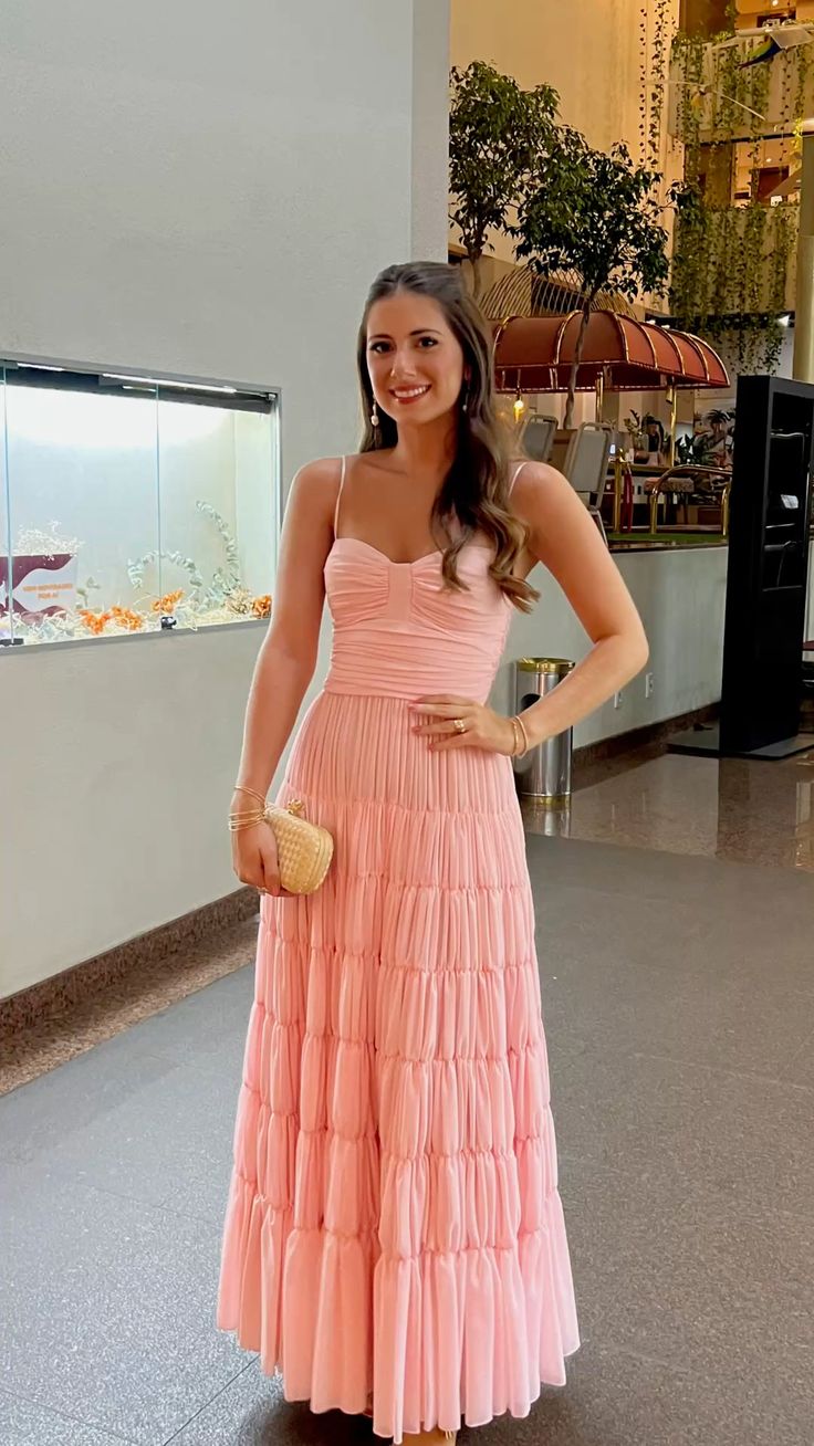 Pink A Line Spaghetti Straps Long Prom Dress Evening Party Dresses - VelvetHem