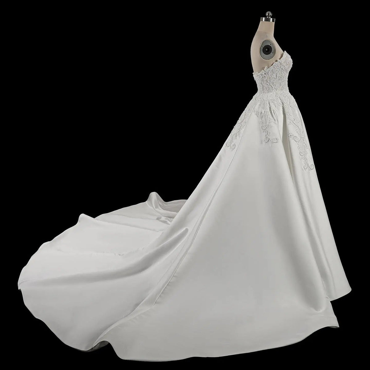 White Satin Strapless Wedding Dress Lace Appliques Sweetheart Neckline Ball Gown ZP010 - View 6 | VelvetHem