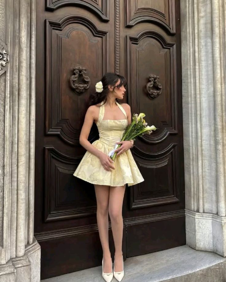 A Line Yellow Halter Short Evening Dress Homecoming Dress Short Party Dress fg7802