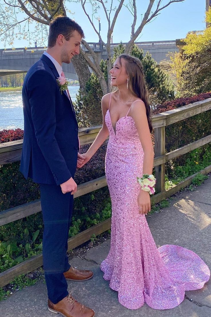 Straps Pink Sequin Mermaid Long Formal Dress - VelvetHem