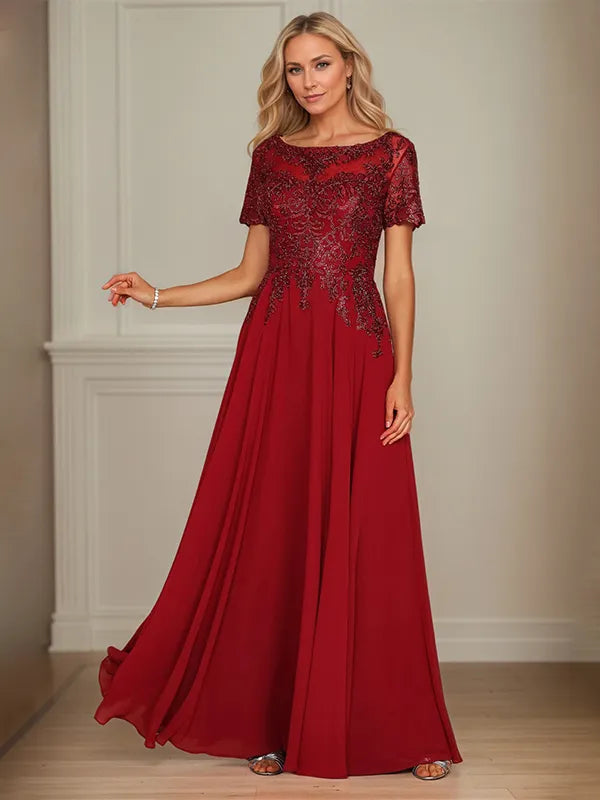 A-Line Chiffon Boat Neck Short Sleeves Floor-Length Mother of the Bride Dresses - View 2 | FashionDia