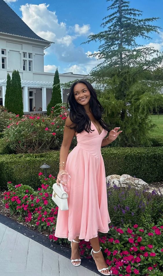 A-Line Pink V-Neck Evening Dresses Formal Party Dress Prom Gown - FashionDia