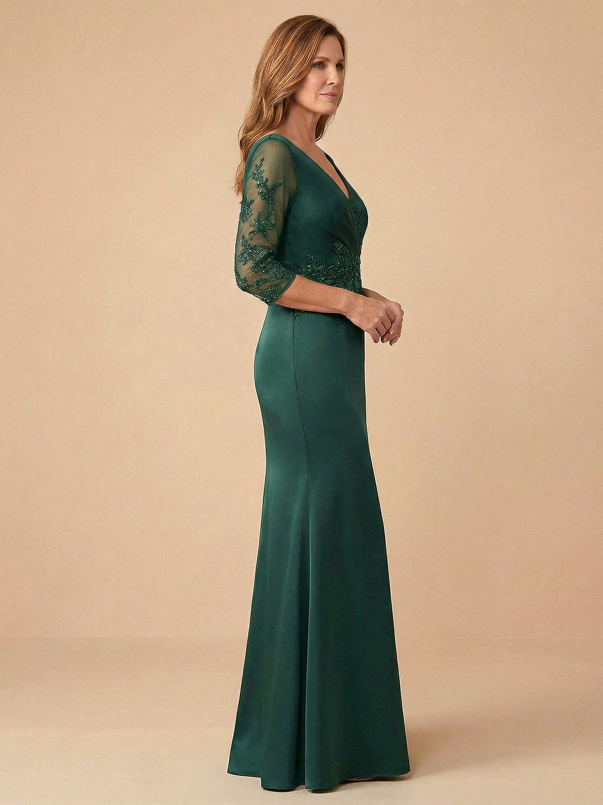 Half Sleeves Lace Applique Mermaid Satin Mother of the Bride Dress - View 3 | FashionDia