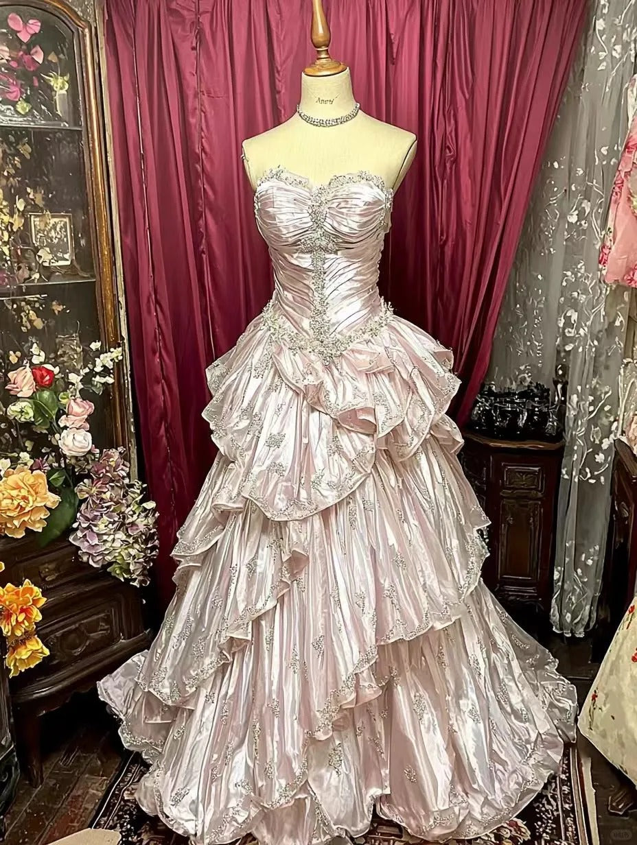 Vintage Pink Strapless Long Prom Party Dress Long Evening Dress - VelvetHem