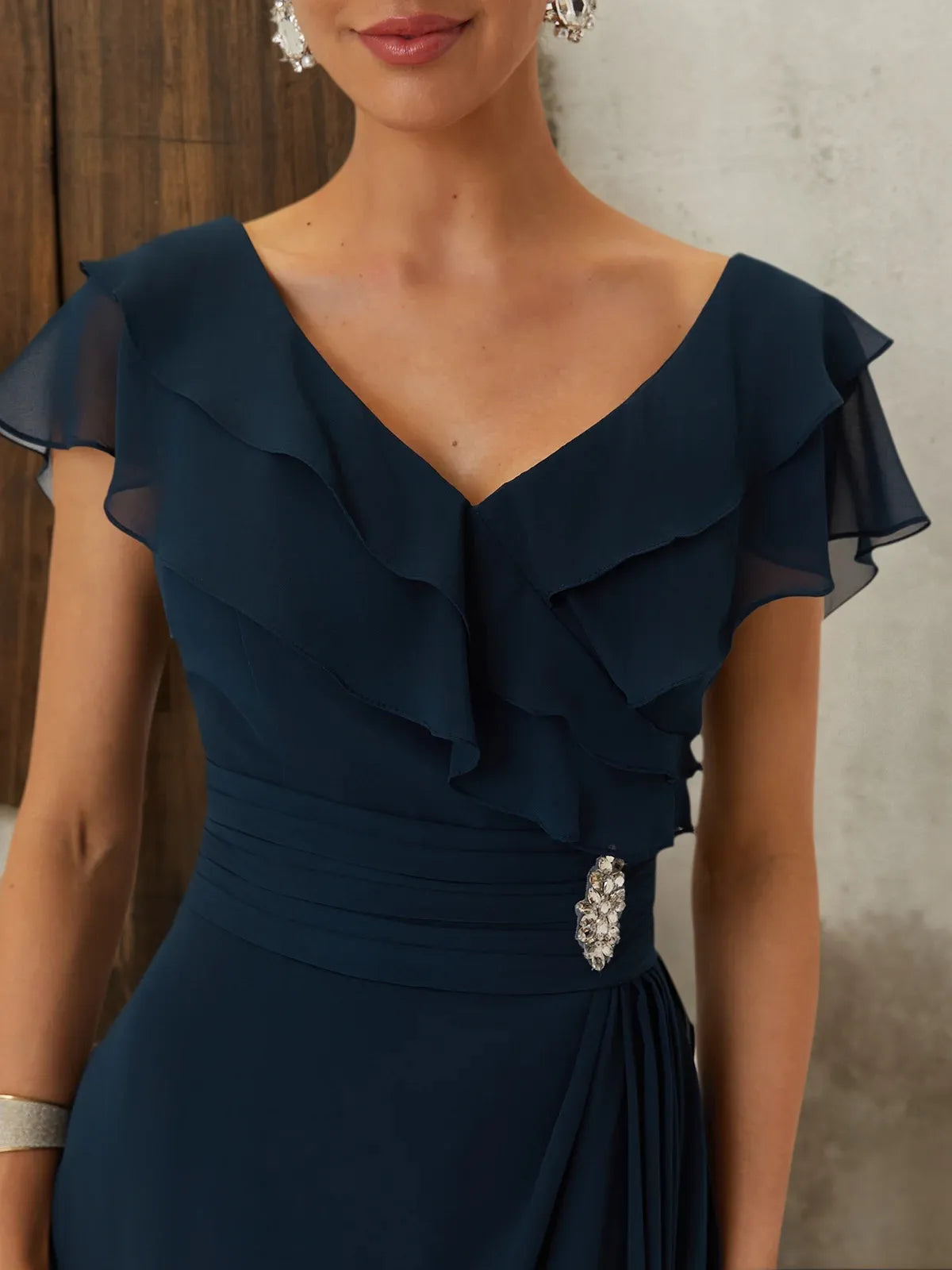 Purplish blue Ruffled Rhinestones Chiffon V-Neck Short Sleeve A-Line Maxi Mother of the Bride or Groom Dress - View 4 | FashionDia
