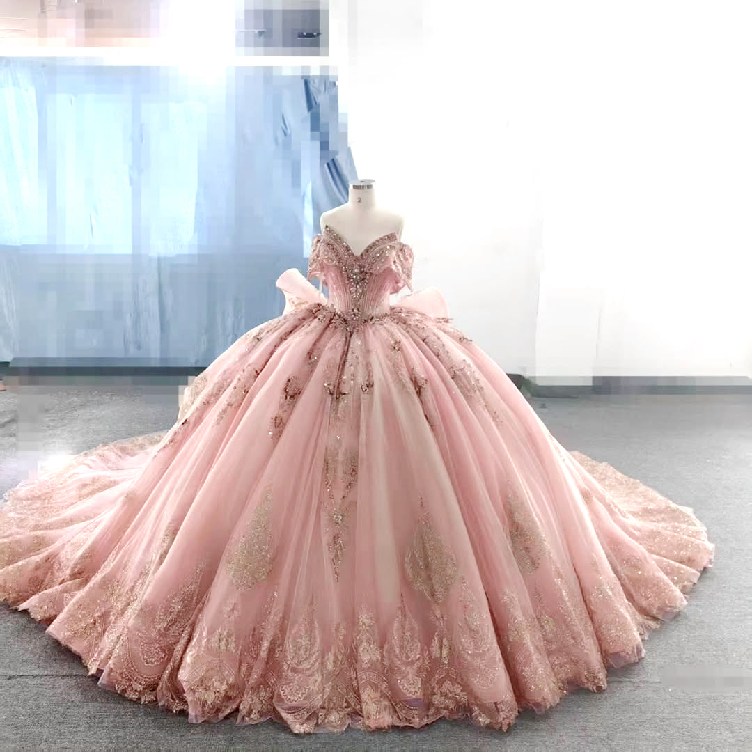 Princess Pink Sweetheart Ball Gown Quinceanera Dress with Appliques Sweep Train - View 3 | FashionDia