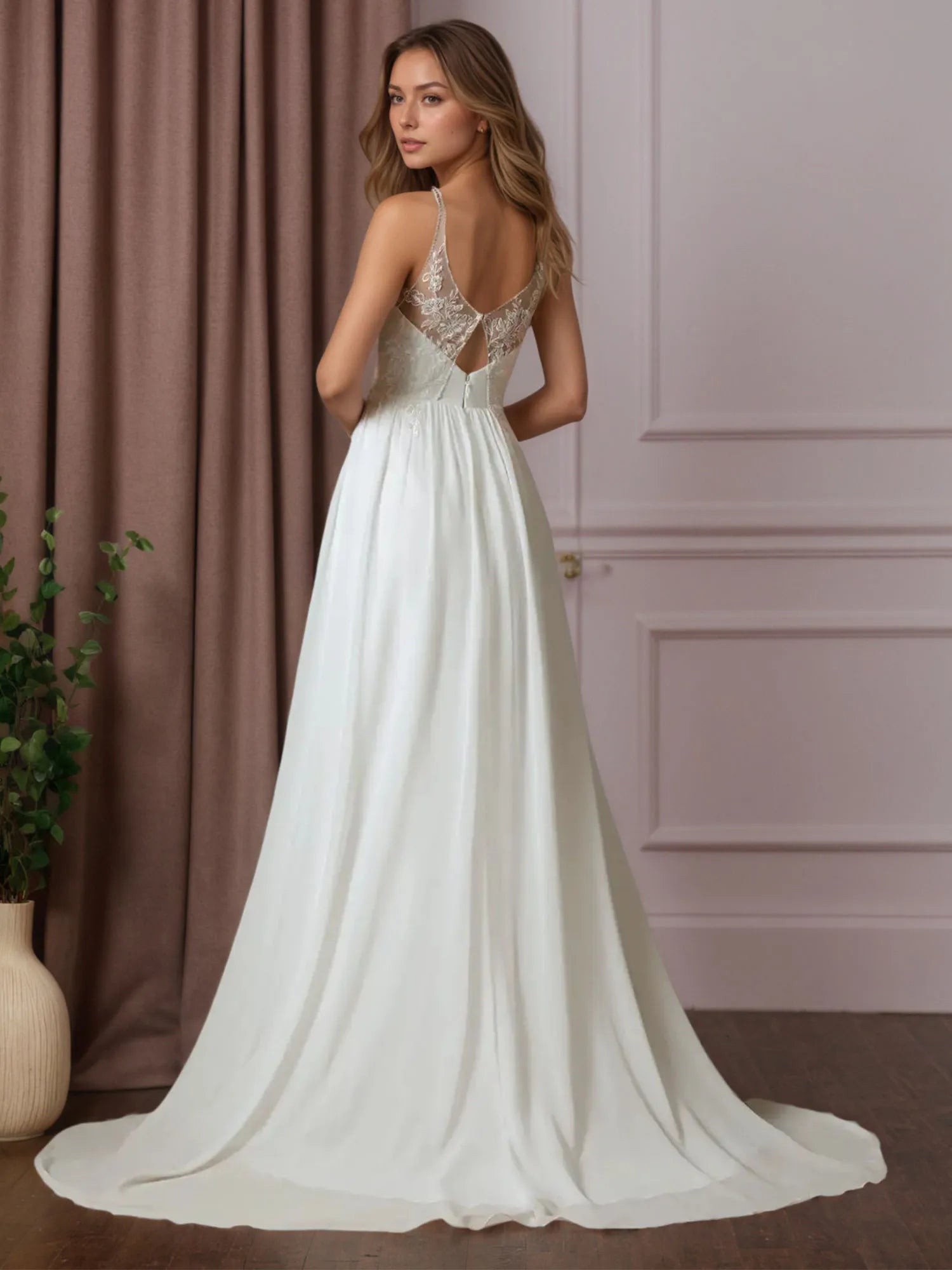 White A-Line Sequins Chiffon Wedding Dress - View 2 | FashionDia