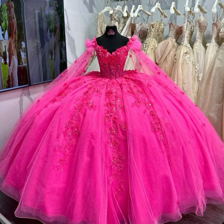 3D Flower Appliques Quinceanera Dresses Luxury Beads Cape Sleeve Prom Ball Gowns Puffy Princess Dress - View 3 | FashionDia