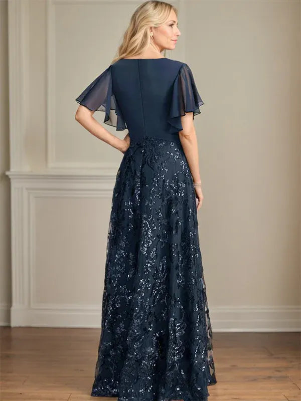 A-line V-Neck Floor-Length Lace Sequin Chiffon Mother of the Bride Dress With Pleated - View 2 | FashionDia