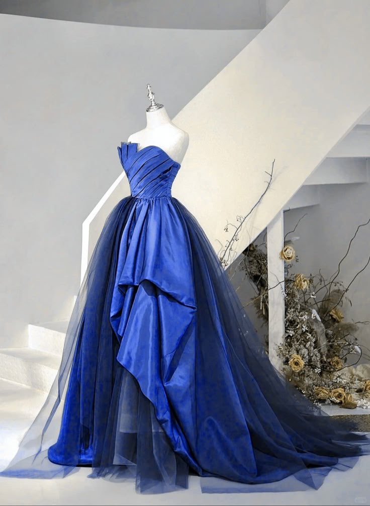 Blue Satin And Tulle Long Party Dress Prom Dress, Blue Evening Dress - FashionDia