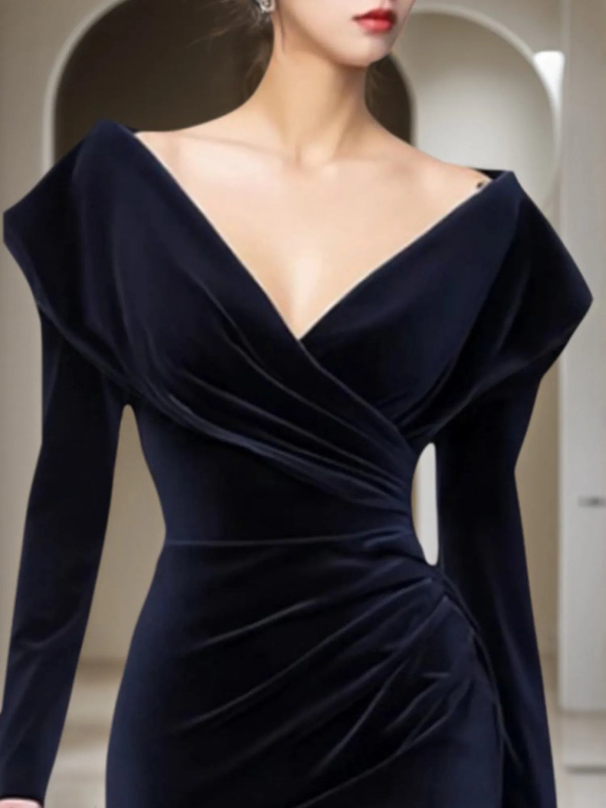 Cocktail Party Dress Navy V-Neck Midi Velvet Mother of the Bride Dress - View 2 | FashionDia