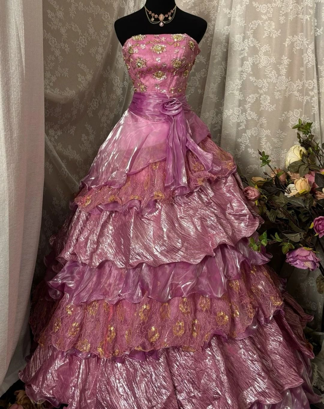 Floral Long Prom Party Dress Tulle Sweet 15 Ball Gown - VelvetHem