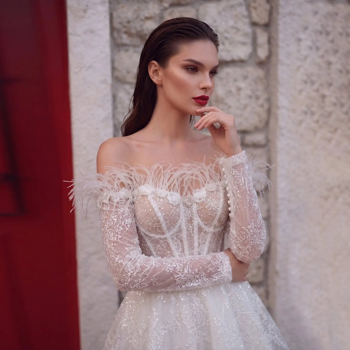 Elegant White Off-Shoulder Feather Lace Corset Mini Wedding Dress ZP061