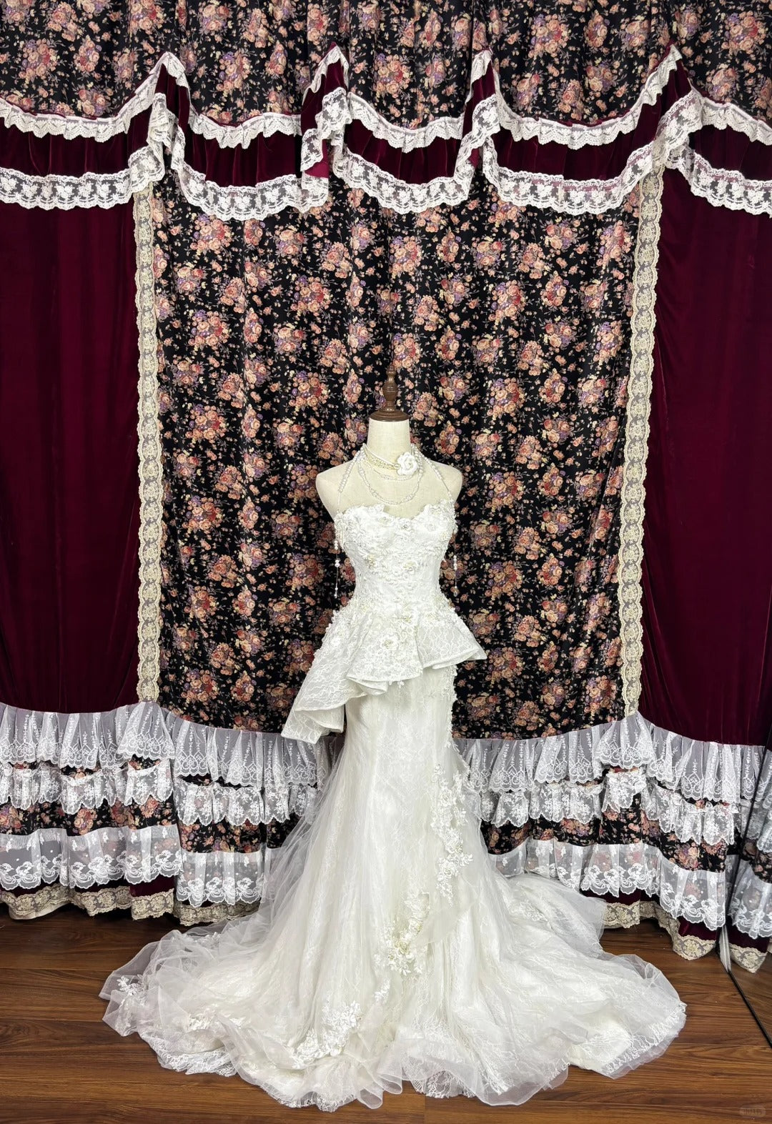 Mermaid Lace Tulle Pearls Long Princess Wedding Dress fg8173