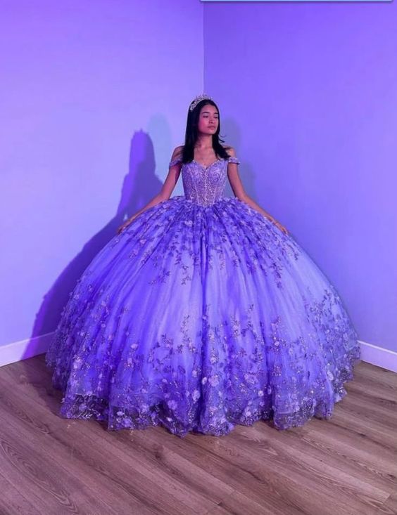 Purple Shiny Puffy Princess Quinceanera Dresses Off-the-Shoulder Beads 3D Floral Gillter Sequins Lace-up Corset 15 anos rosa - FashionDia
