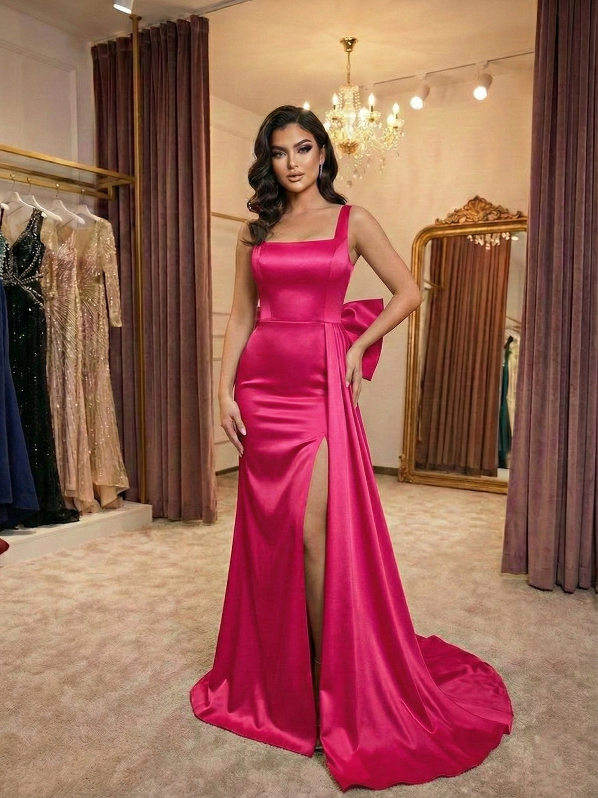 Ivory Grace Satin Square-Neck Prom Dress with Side Bow - View 3 | FashionDia