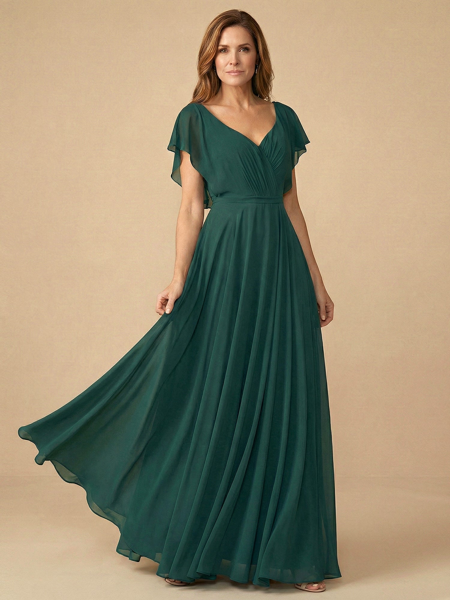 Flare Sleeves V Neck Ruffle Chiffon Mother of the Bride Dress with Pleat