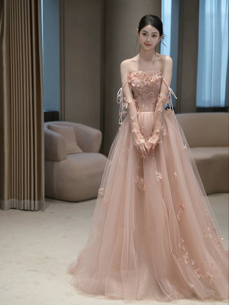 A Line Pink Long Formal Dress Tulle Evening Dresses