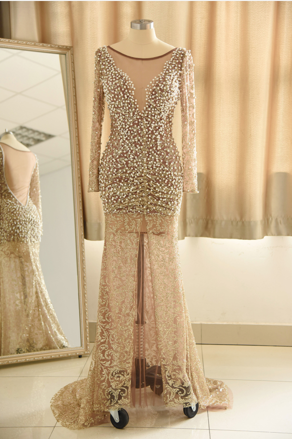 Sexy Gold V-Neck Long Sleeves Mermaid Prom Dress Sequins Long