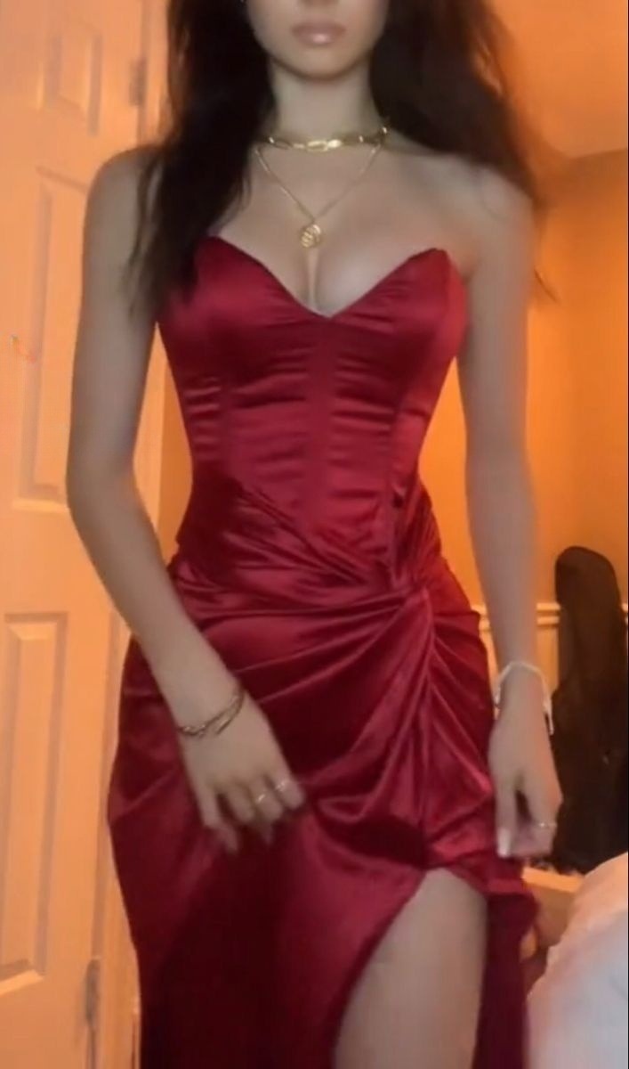 Burgundy Strapless Long Prom & Evening Dress With Slit - FashionDia
