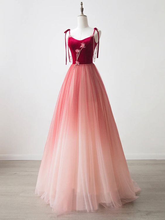 Burgundy Velvet Tulle Long Prom Dress, Beautiful A-Line Spaghetti Strap Evening Party Dress - FashionDia