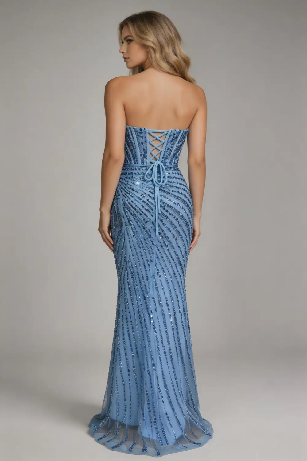 Sky Blue Sequin Strapless Mermaid Prom Dress With High Slit (ZD17137) - View 2 | VelvetHem