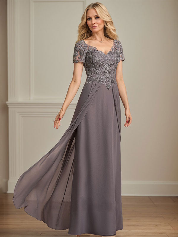 A-line V-Neck Floor-Length Chiffon Lace Mother of the Bride Dress - View 2 | FashionDia