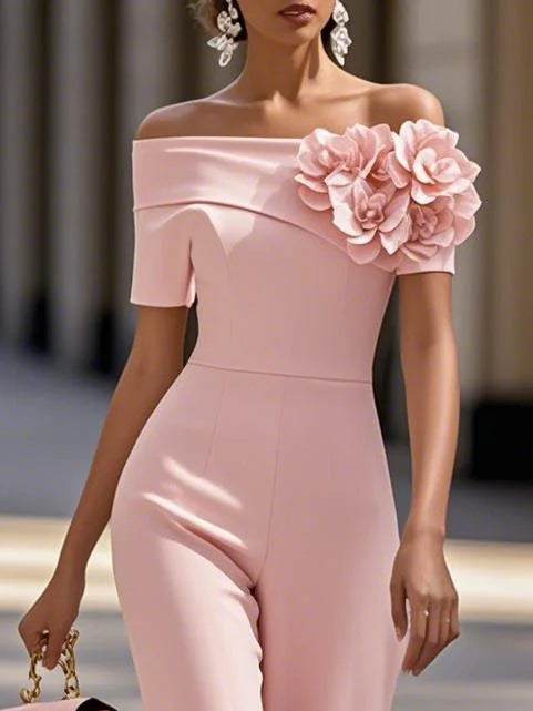 Women Pink 3D Floral Off-the-Shoulder Short Sleeve Dressy Jumpsuit - View 2 | FashionDia