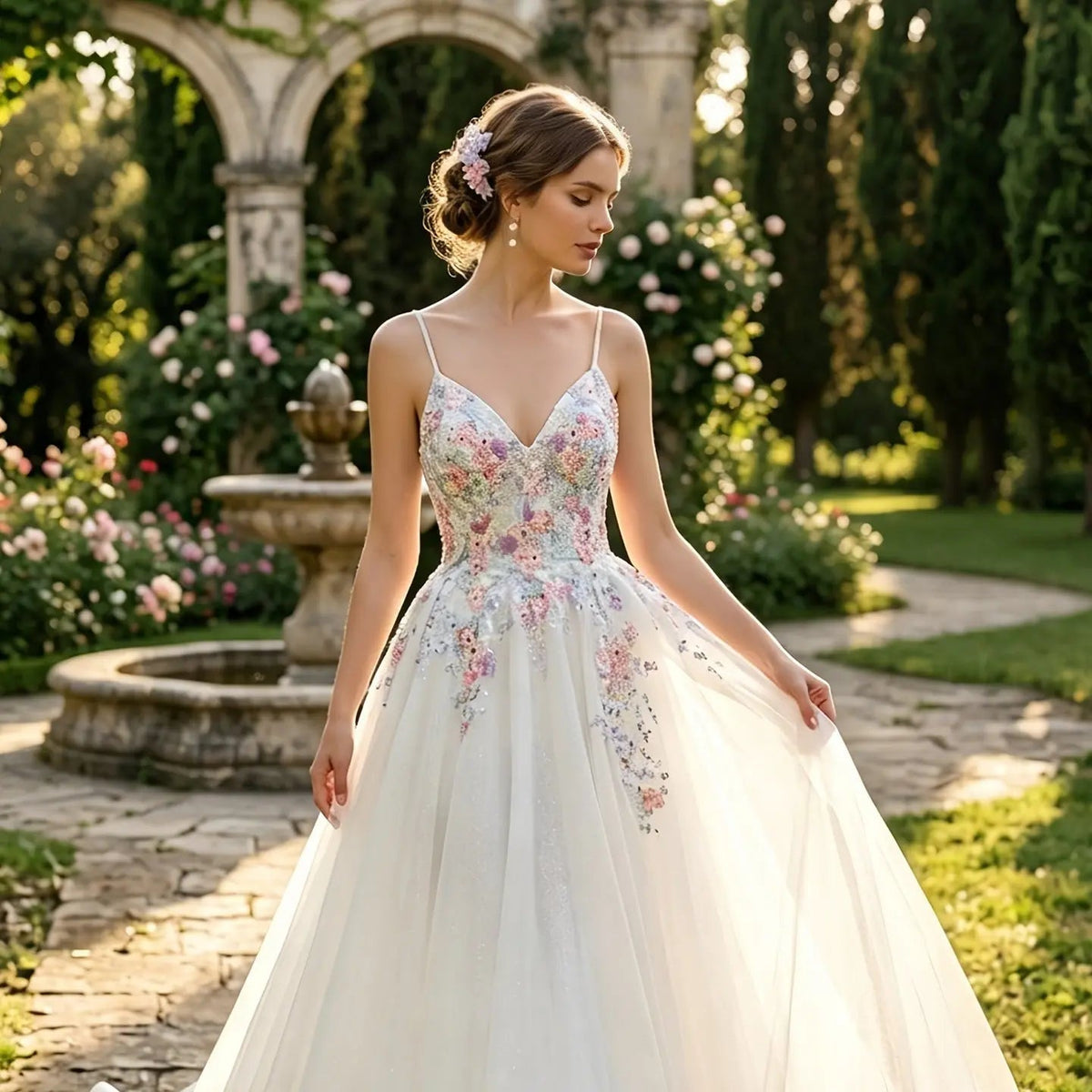 Glamorous White Floral Applique A-Line Tulle Wedding Dress with Train ZP066