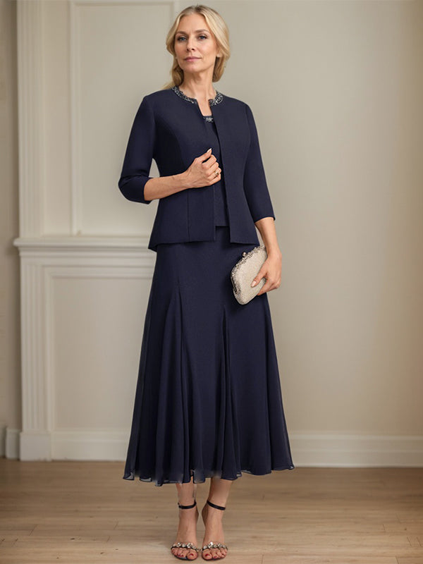 Separates A-line Scoop Tea-Length Chiffon Mother of the Bride Dress With Sequins Beading