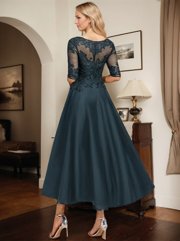 Dark Navy A-line Boat Neck Illusion Asymmetrical Lace Satin Mother of the Bride Dress With Beading - View 2 | FashionDia