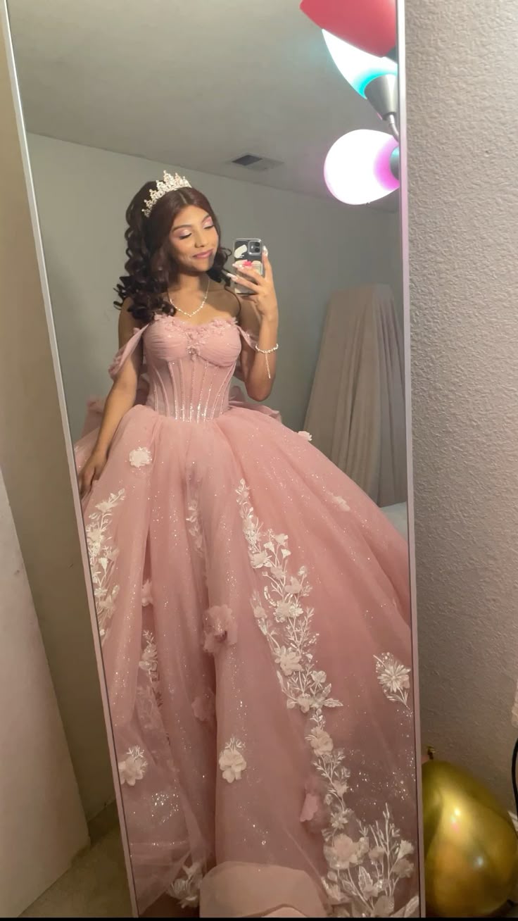 Pink Quinceanera Dresses 3D Flowers Sweet 15 16 Party Off-the-Shoulder Ball Gown - FashionDia