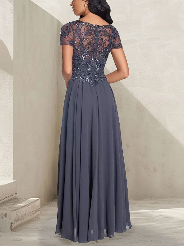 Charcoal Grey A-Line Scoop Long Mother of the Bride Dress With Beadings - View 2 | FashionDia