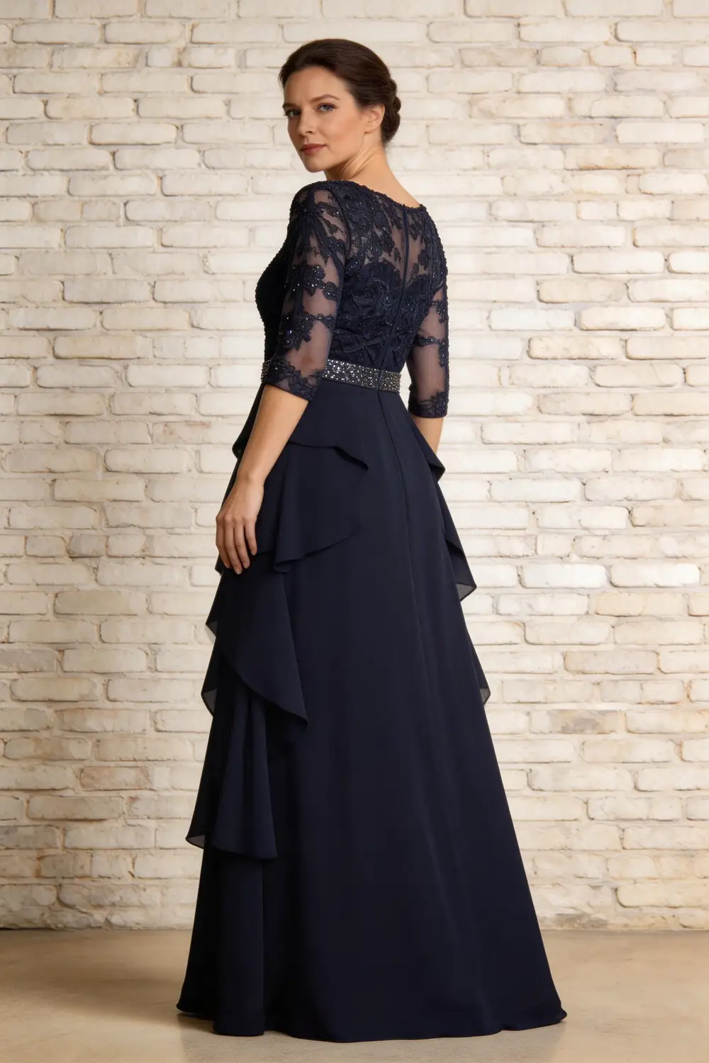 Navy Blue Lace Applique Chiffon Mother of the Bride Dress (ZD17163)
