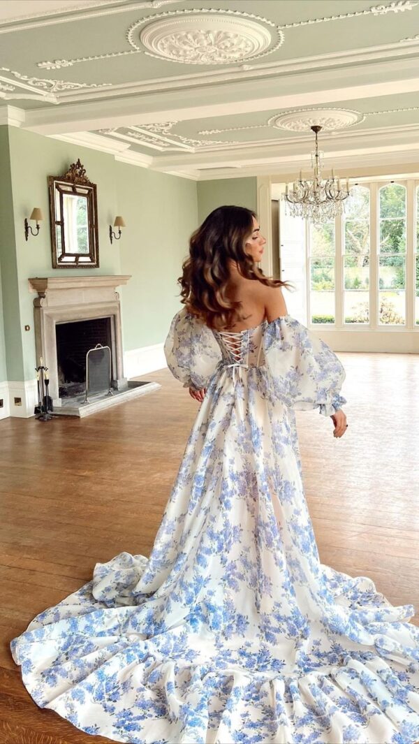 Chic Purple Strapless Chiffon Floral Print Long Prom Dresses - FashionDia