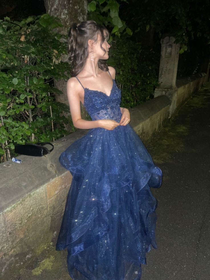 A Line Blue Shinny Tulle Party Dress Long Evening Dress Vintage Prom Dress